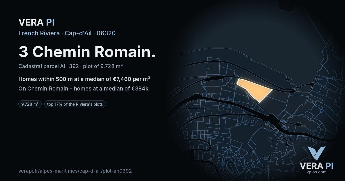 3 Chemin Romain, Cap-d'Ail at night – the plot lit, the parcels around coloured by the prices near them