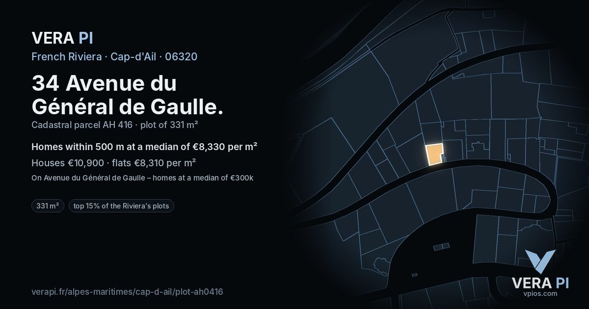34 Avenue du Général de Gaulle, Cap-d'Ail at night – the plot lit, the parcels around coloured by the prices near them