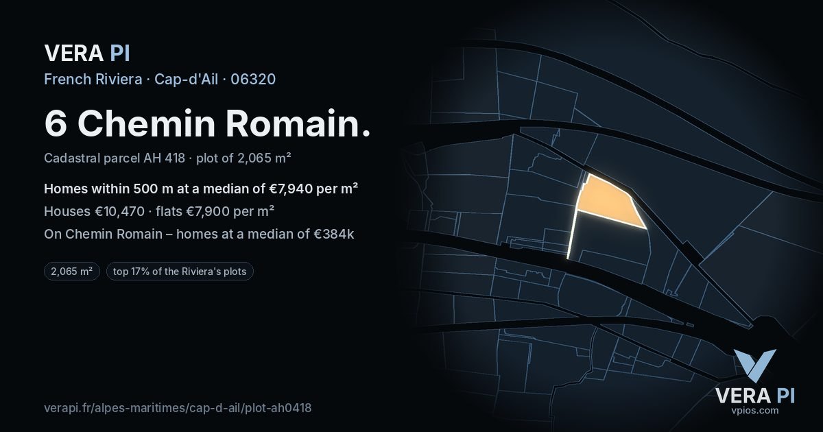 6 Chemin Romain, Cap-d'Ail at night – the plot lit, the parcels around coloured by the prices near them
