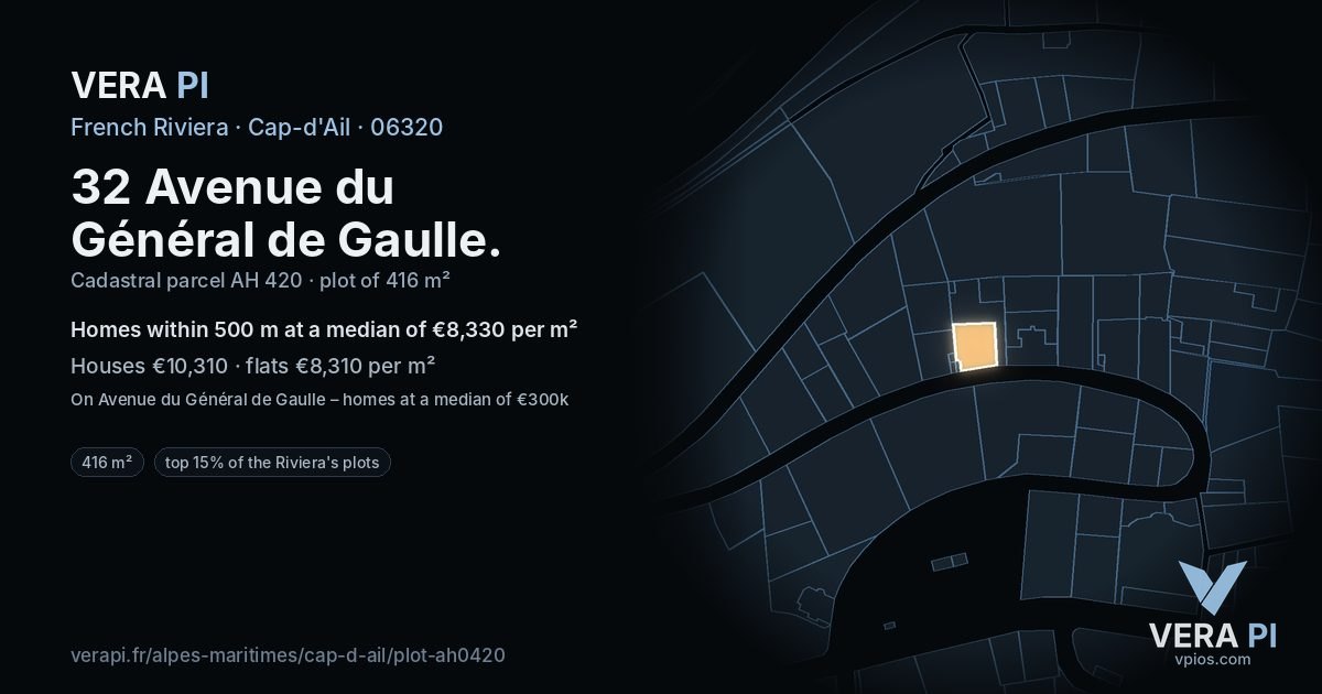 32 Avenue du Général de Gaulle, Cap-d'Ail at night – the plot lit, the parcels around coloured by the prices near them