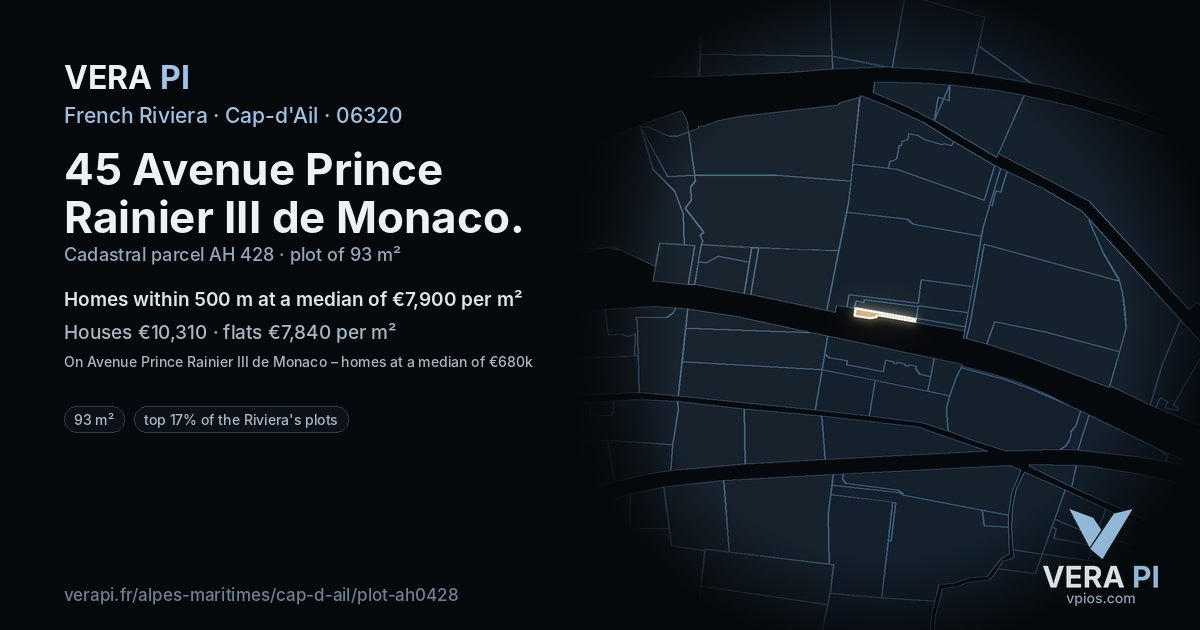 45 Avenue Prince Rainier III de Monaco, Cap-d'Ail at night – the plot lit, the parcels around coloured by the prices near them