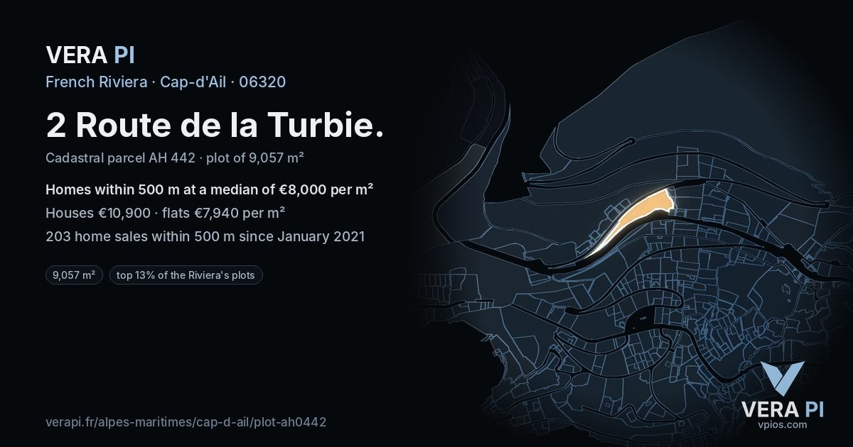 2 Route de la Turbie, Cap-d'Ail at night – the plot lit, the parcels around coloured by the prices near them