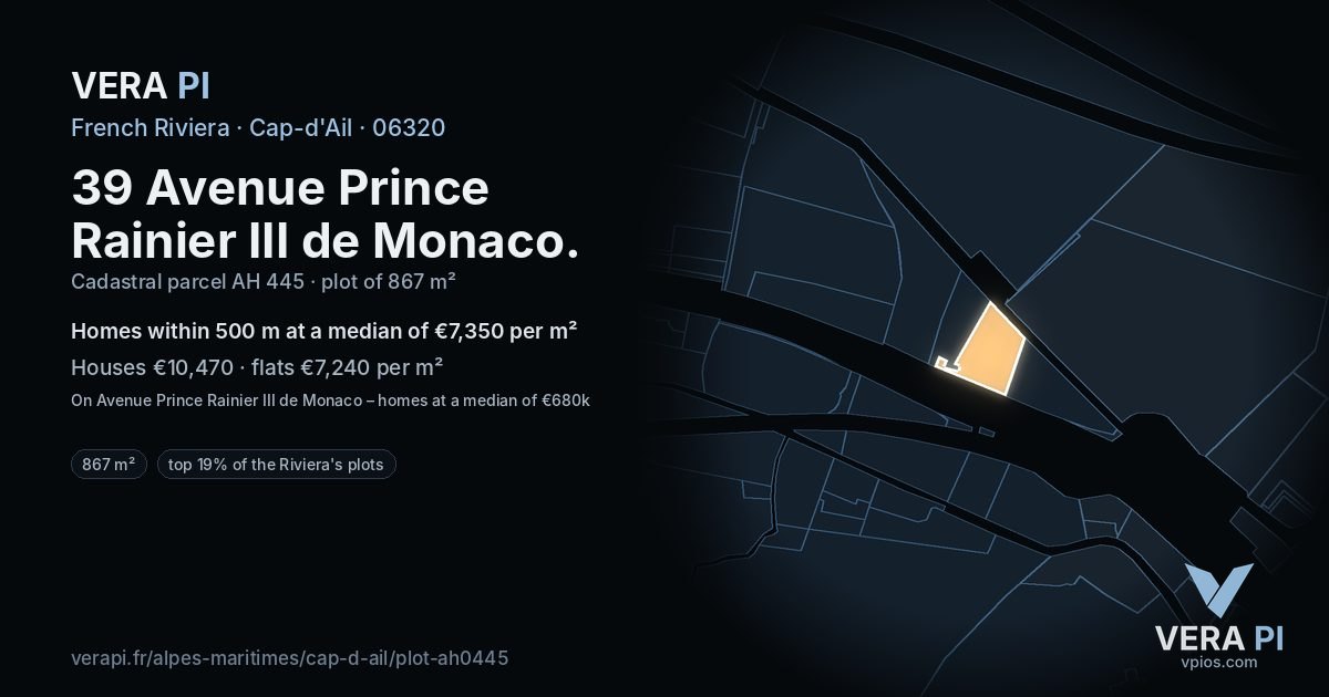 39 Avenue Prince Rainier III de Monaco, Cap-d'Ail at night – the plot lit, the parcels around coloured by the prices near them