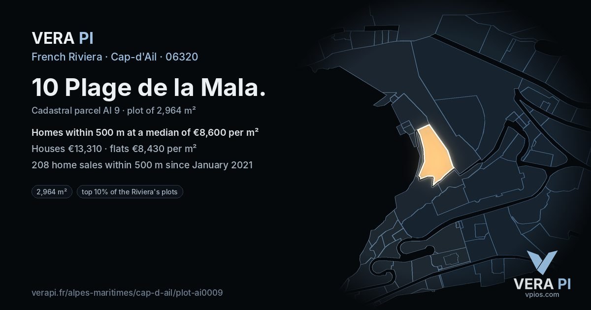 10 Plage de la Mala, Cap-d'Ail at night – the plot lit, the parcels around coloured by the prices near them