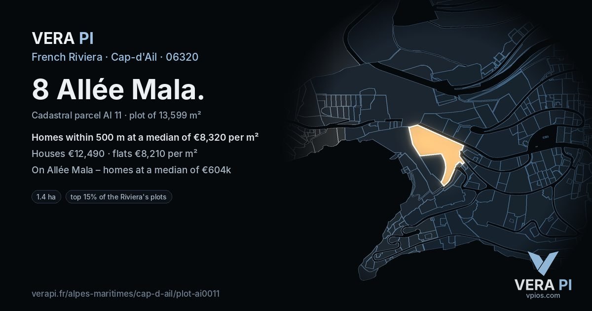 8 Allée Mala, Cap-d'Ail at night – the plot lit, the parcels around coloured by the prices near them