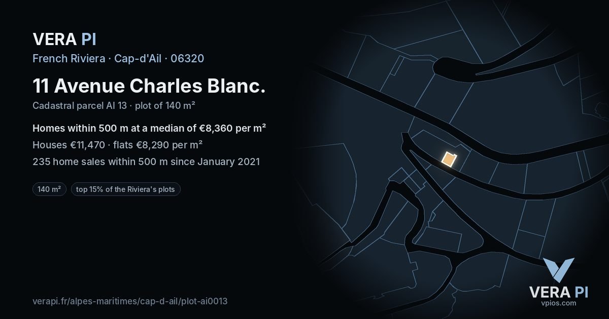 11 Avenue Charles Blanc, Cap-d'Ail at night – the plot lit, the parcels around coloured by the prices near them