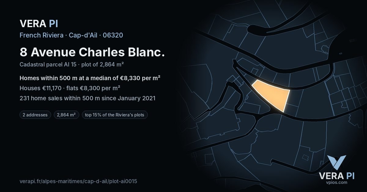 8 Avenue Charles Blanc, Cap-d'Ail at night – the plot lit, the parcels around coloured by the prices near them