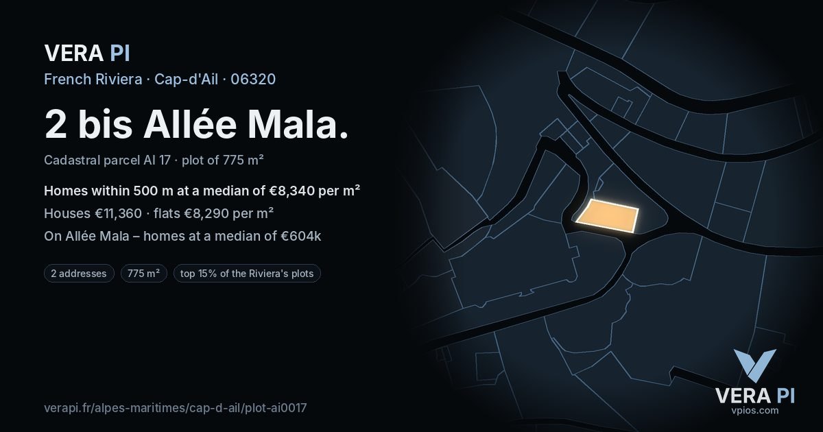2 bis Allée Mala, Cap-d'Ail at night – the plot lit, the parcels around coloured by the prices near them