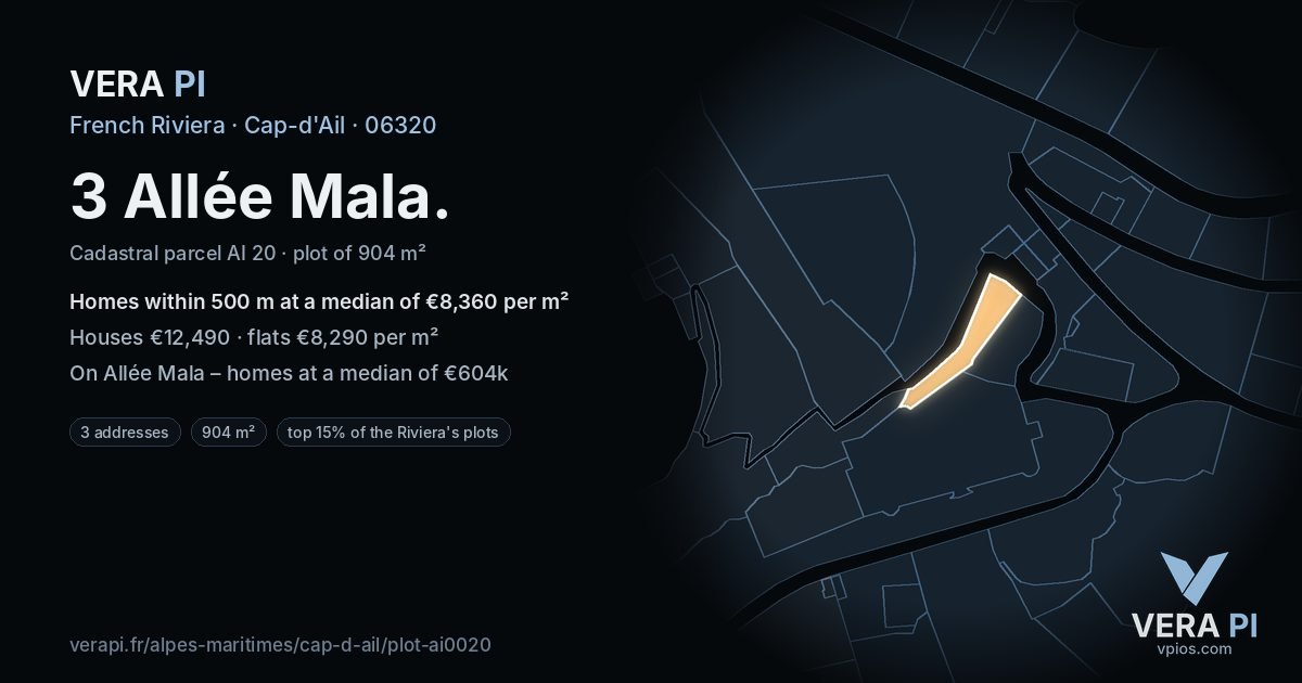 3 Allée Mala, Cap-d'Ail at night – the plot lit, the parcels around coloured by the prices near them