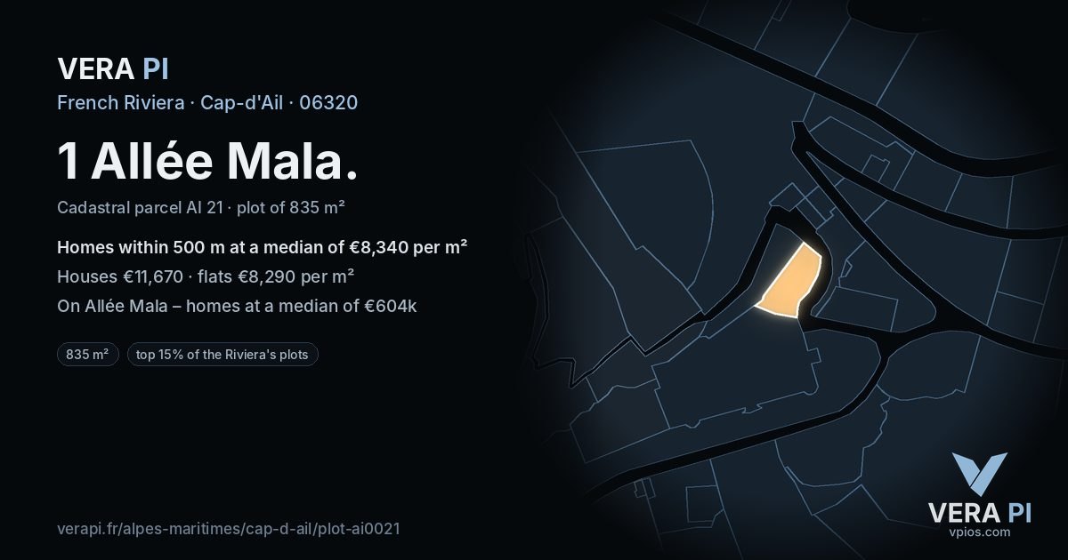 1 Allée Mala, Cap-d'Ail at night – the plot lit, the parcels around coloured by the prices near them