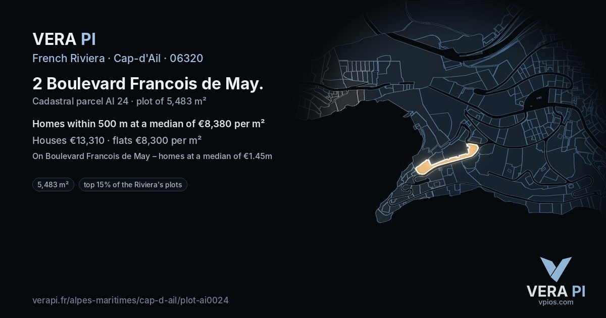 2 Boulevard Francois de May, Cap-d'Ail at night – the plot lit, the parcels around coloured by the prices near them