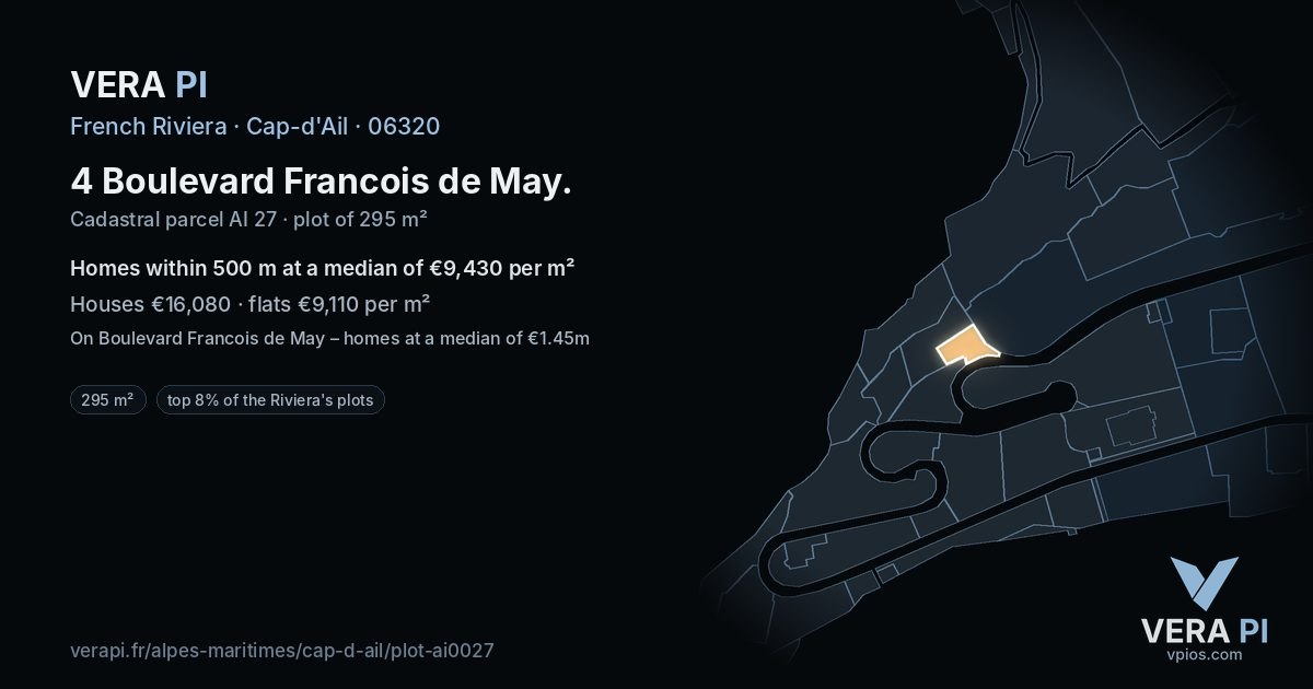 4 Boulevard Francois de May, Cap-d'Ail at night – the plot lit, the parcels around coloured by the prices near them
