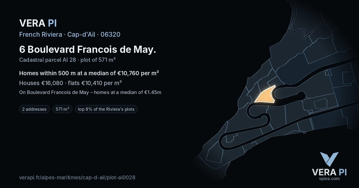 6 Boulevard Francois de May, Cap-d'Ail at night – the plot lit, the parcels around coloured by the prices near them