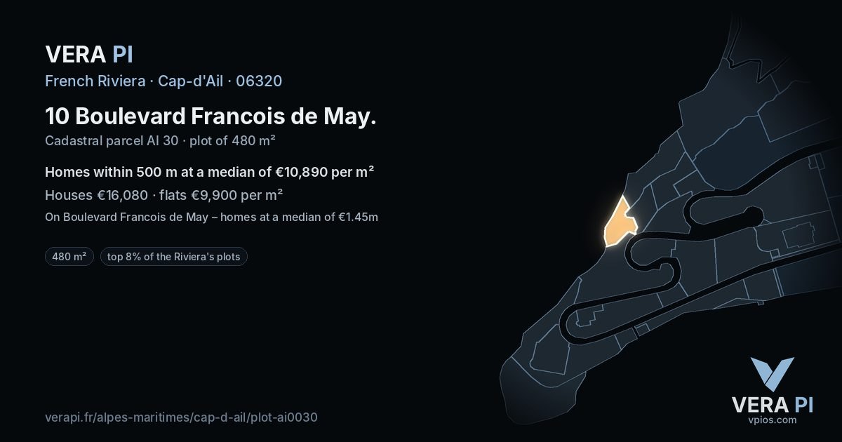 10 Boulevard Francois de May, Cap-d'Ail at night – the plot lit, the parcels around coloured by the prices near them