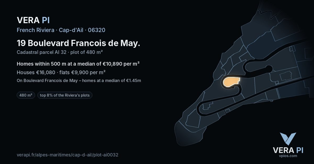 19 Boulevard Francois de May, Cap-d'Ail at night – the plot lit, the parcels around coloured by the prices near them
