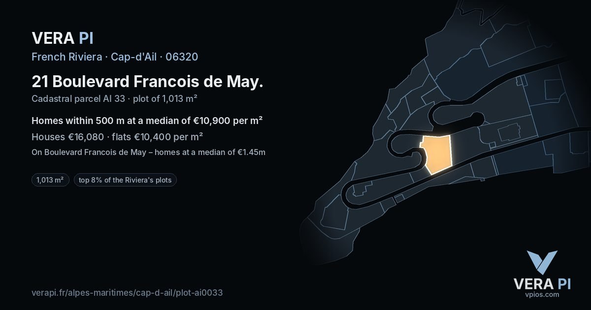 21 Boulevard Francois de May, Cap-d'Ail at night – the plot lit, the parcels around coloured by the prices near them