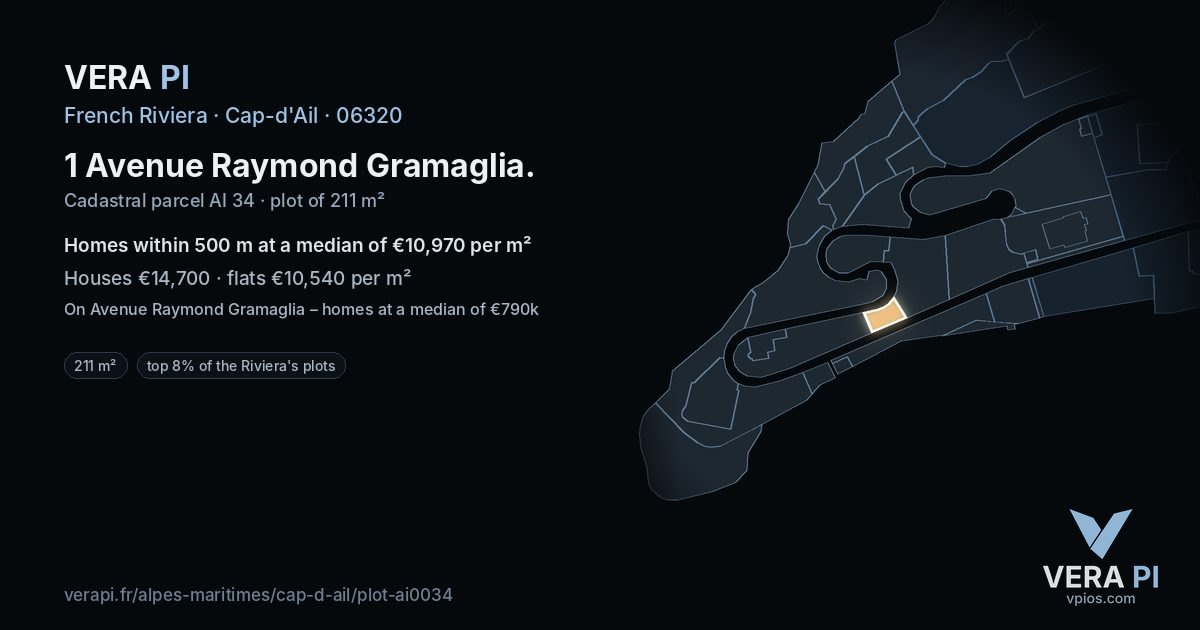 1 Avenue Raymond Gramaglia, Cap-d'Ail at night – the plot lit, the parcels around coloured by the prices near them