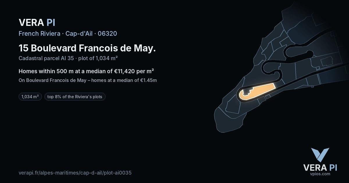 15 Boulevard Francois de May, Cap-d'Ail at night – the plot lit, the parcels around coloured by the prices near them