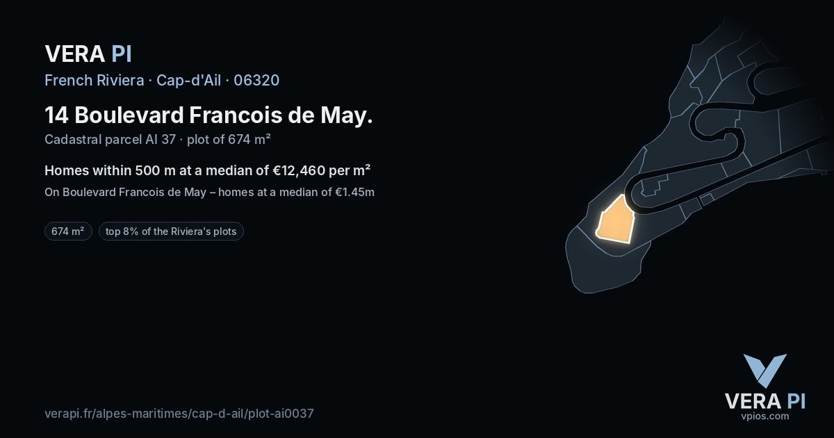 14 Boulevard Francois de May, Cap-d'Ail at night – the plot lit, the parcels around coloured by the prices near them
