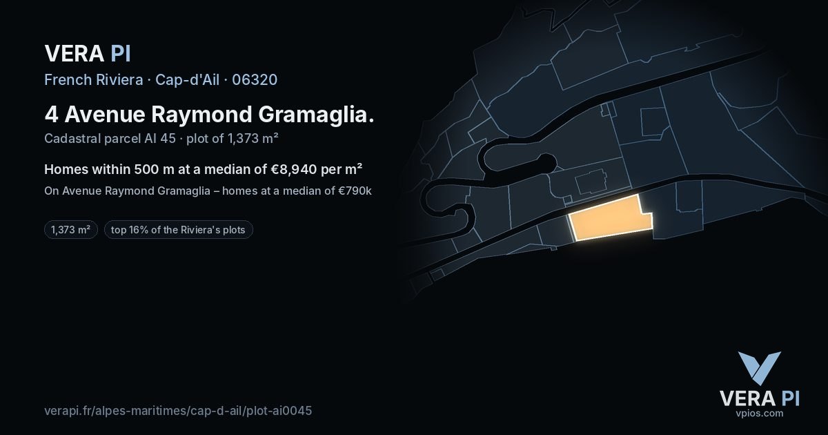 4 Avenue Raymond Gramaglia, Cap-d'Ail at night – the plot lit, the parcels around coloured by the prices near them
