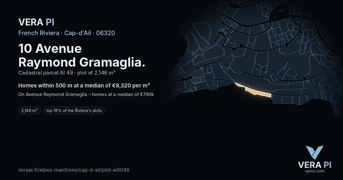 10 Avenue Raymond Gramaglia, Cap-d'Ail at night – the plot lit, the parcels around coloured by the prices near them