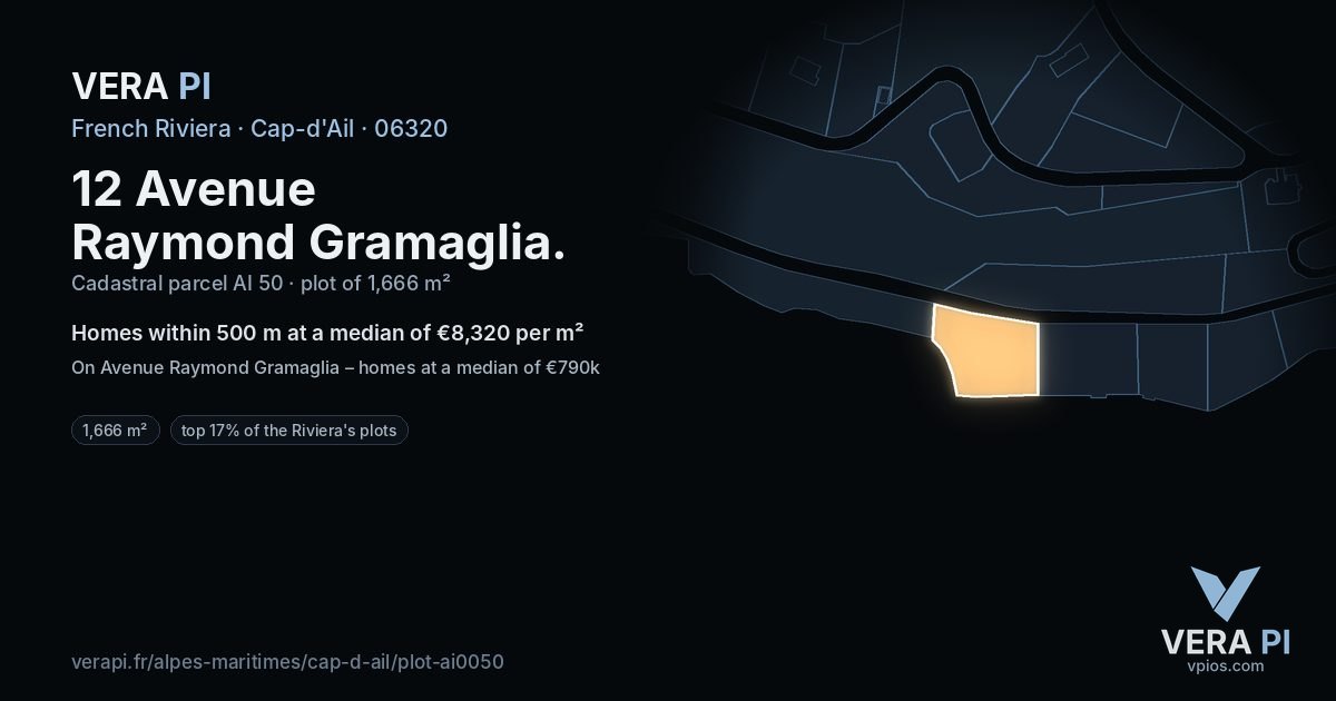 12 Avenue Raymond Gramaglia, Cap-d'Ail at night – the plot lit, the parcels around coloured by the prices near them