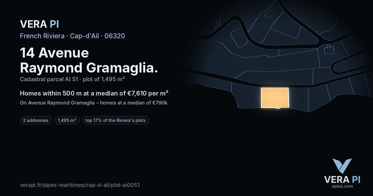 14 Avenue Raymond Gramaglia, Cap-d'Ail at night – the plot lit, the parcels around coloured by the prices near them
