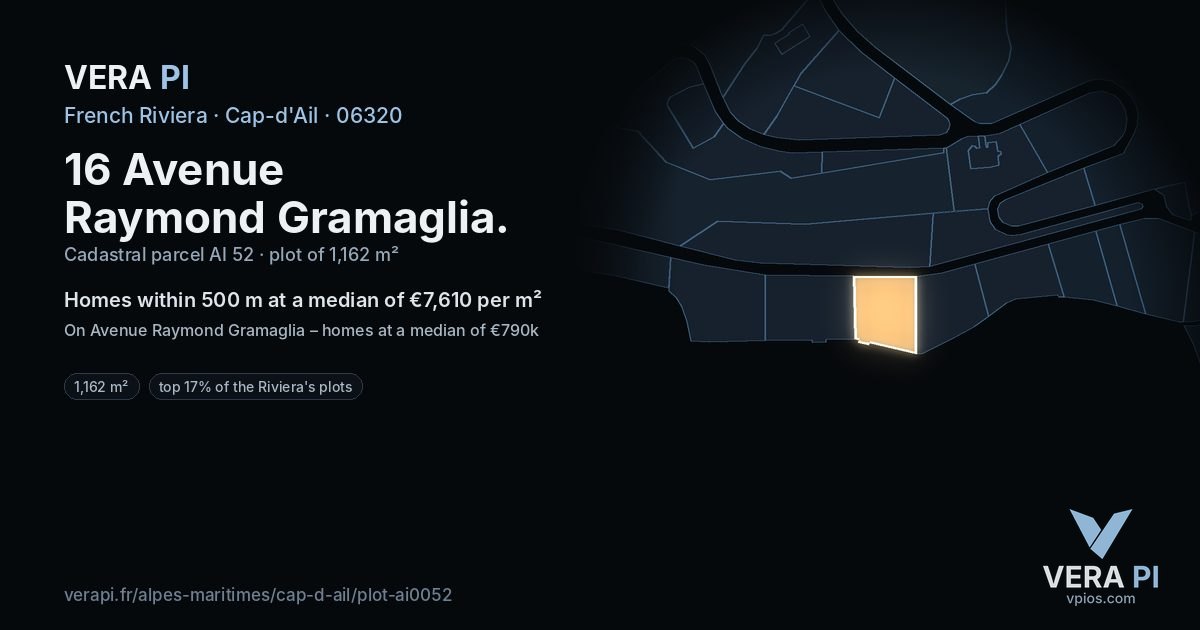 16 Avenue Raymond Gramaglia, Cap-d'Ail at night – the plot lit, the parcels around coloured by the prices near them