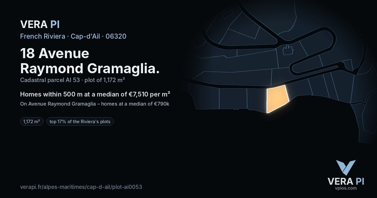 18 Avenue Raymond Gramaglia, Cap-d'Ail at night – the plot lit, the parcels around coloured by the prices near them