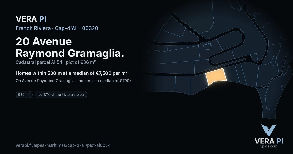 20 Avenue Raymond Gramaglia, Cap-d'Ail at night – the plot lit, the parcels around coloured by the prices near them
