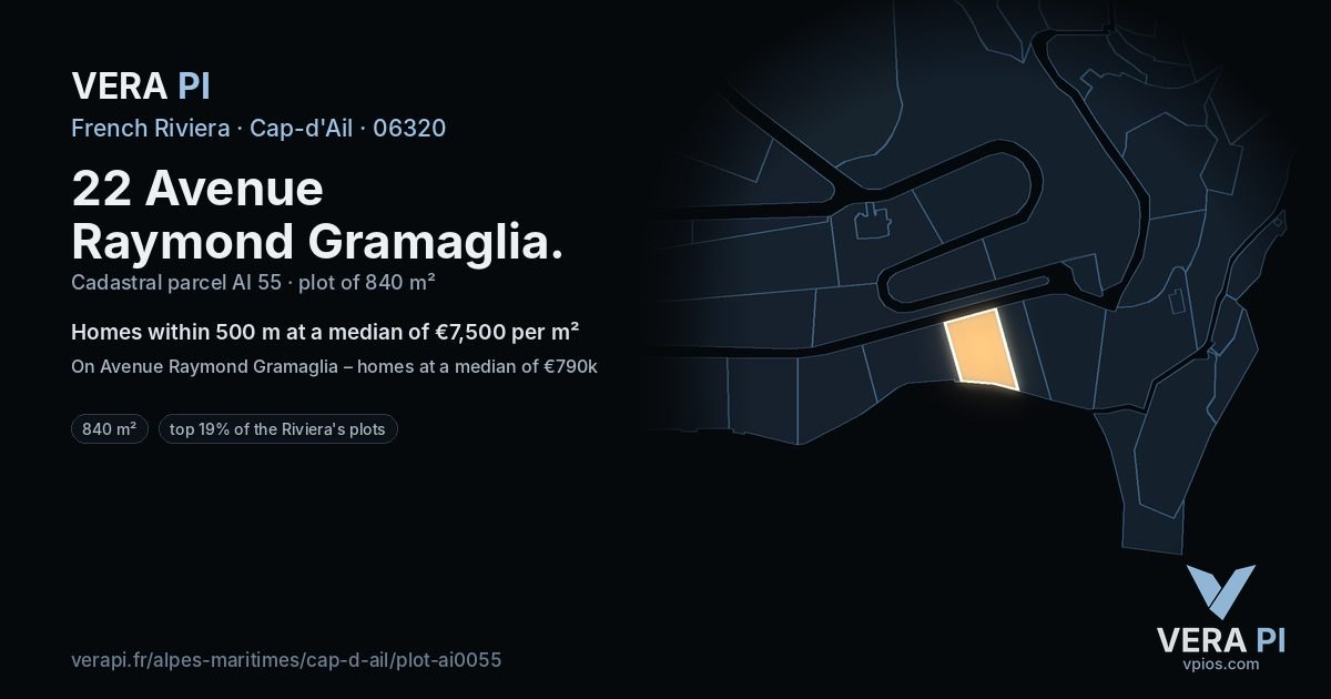 22 Avenue Raymond Gramaglia, Cap-d'Ail at night – the plot lit, the parcels around coloured by the prices near them