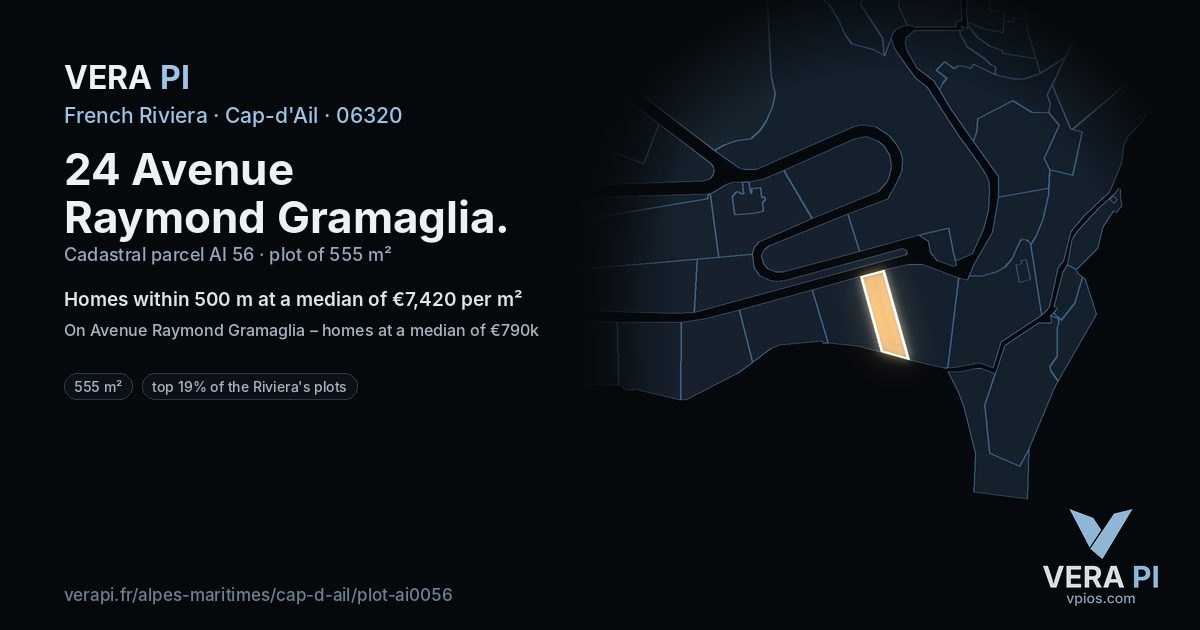 24 Avenue Raymond Gramaglia, Cap-d'Ail at night – the plot lit, the parcels around coloured by the prices near them
