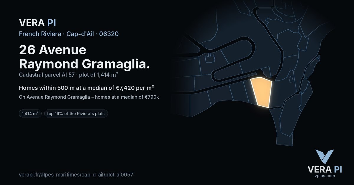 26 Avenue Raymond Gramaglia, Cap-d'Ail at night – the plot lit, the parcels around coloured by the prices near them