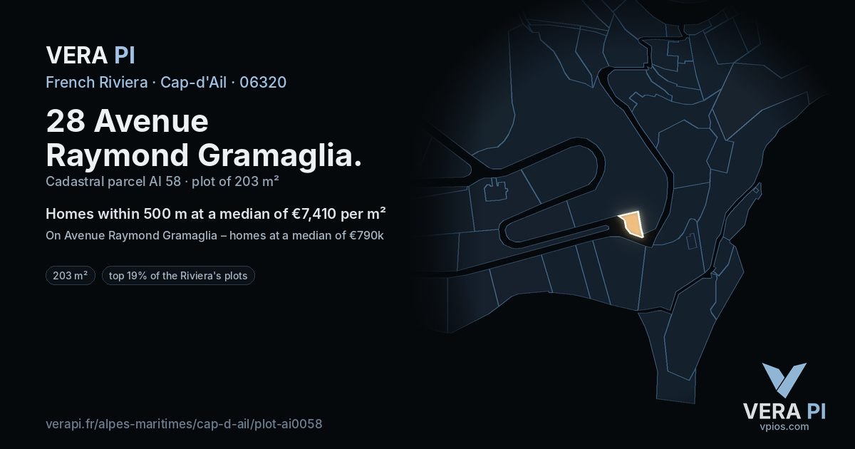 28 Avenue Raymond Gramaglia, Cap-d'Ail at night – the plot lit, the parcels around coloured by the prices near them