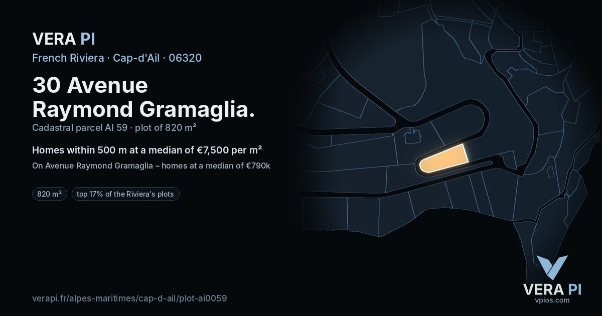 30 Avenue Raymond Gramaglia, Cap-d'Ail at night – the plot lit, the parcels around coloured by the prices near them