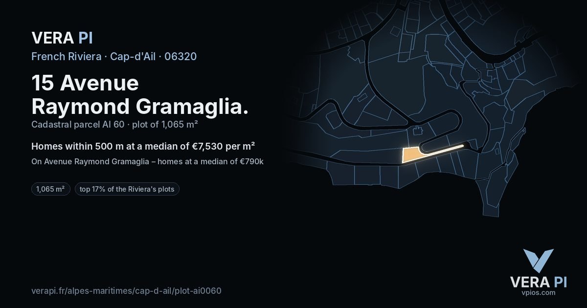 15 Avenue Raymond Gramaglia, Cap-d'Ail at night – the plot lit, the parcels around coloured by the prices near them