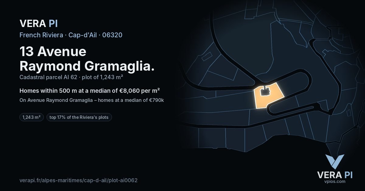 13 Avenue Raymond Gramaglia, Cap-d'Ail at night – the plot lit, the parcels around coloured by the prices near them