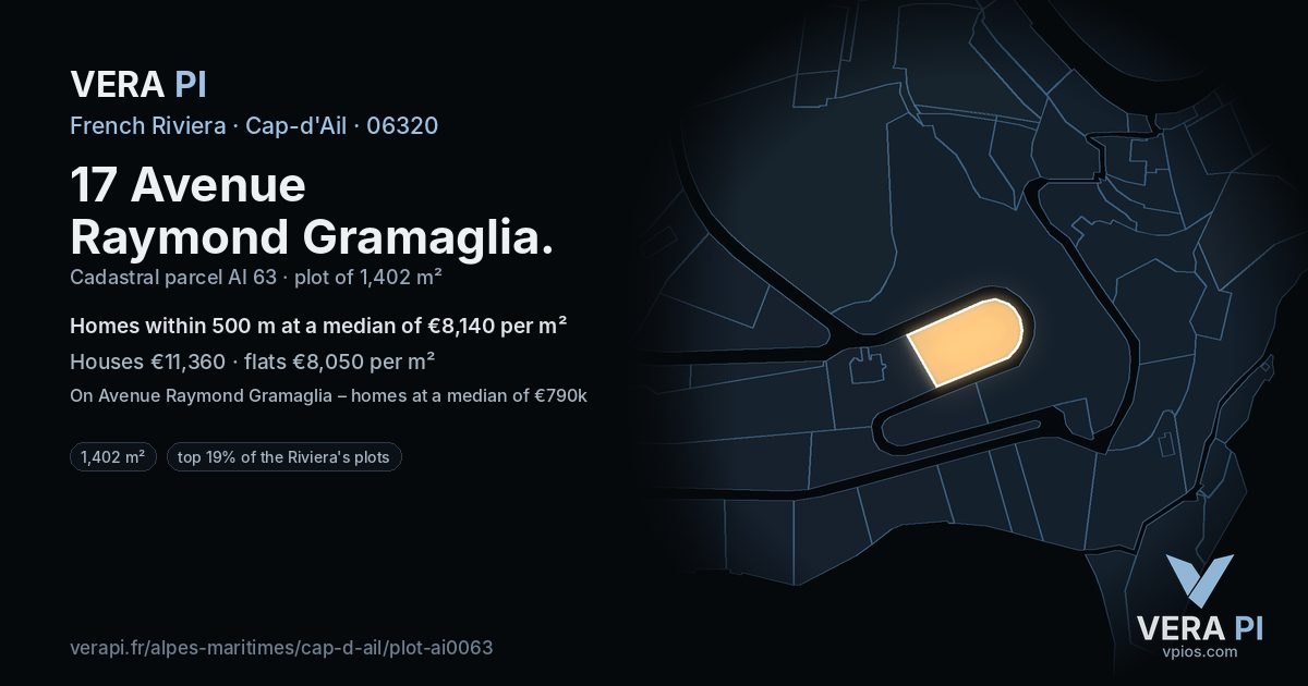 17 Avenue Raymond Gramaglia, Cap-d'Ail at night – the plot lit, the parcels around coloured by the prices near them