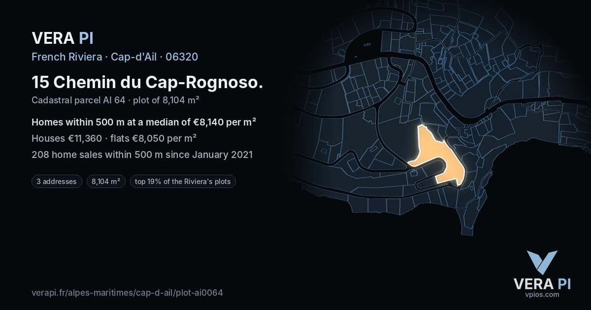 15 Chemin du Cap-Rognoso, Cap-d'Ail at night – the plot lit, the parcels around coloured by the prices near them