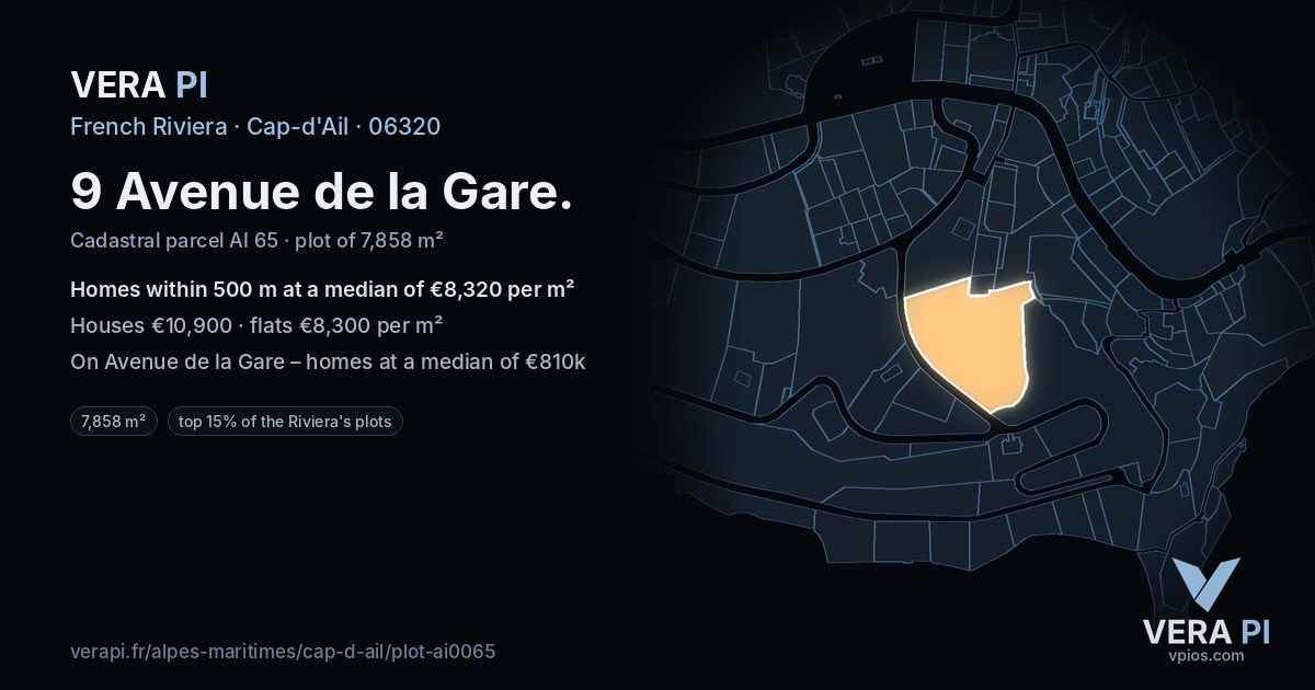 9 Avenue de la Gare, Cap-d'Ail at night – the plot lit, the parcels around coloured by the prices near them