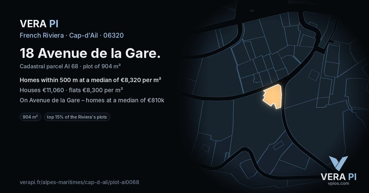 18 Avenue de la Gare, Cap-d'Ail at night – the plot lit, the parcels around coloured by the prices near them