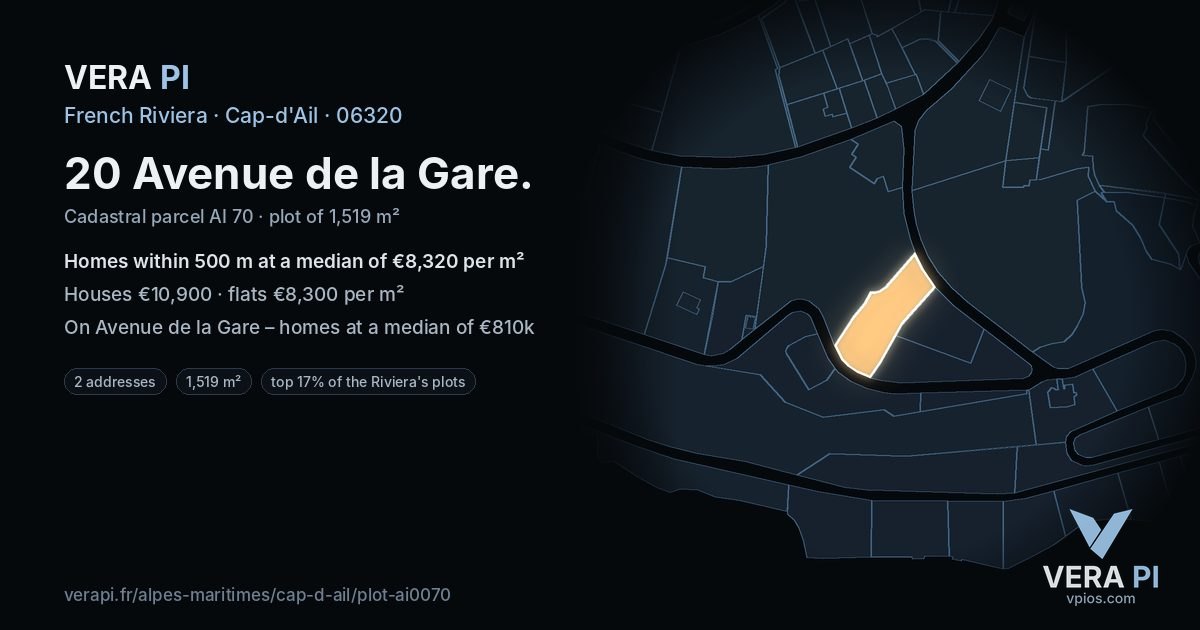 20 Avenue de la Gare, Cap-d'Ail at night – the plot lit, the parcels around coloured by the prices near them