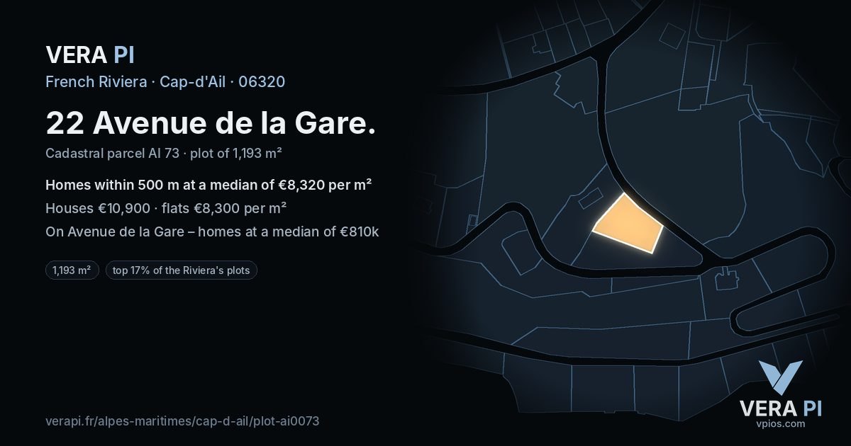 22 Avenue de la Gare, Cap-d'Ail at night – the plot lit, the parcels around coloured by the prices near them