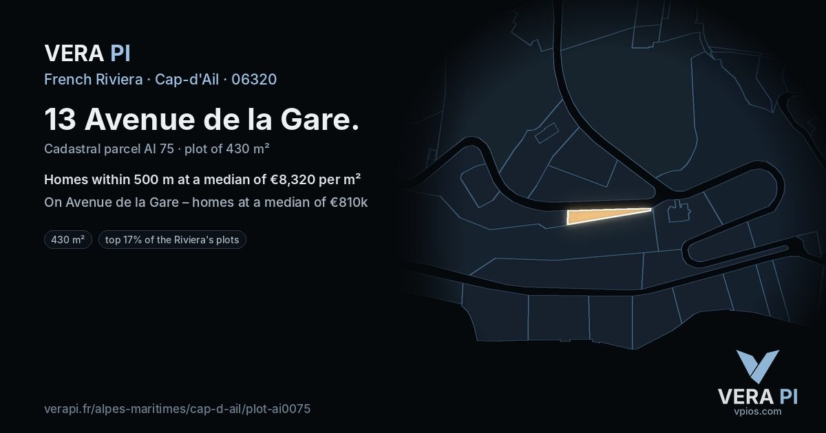 13 Avenue de la Gare, Cap-d'Ail at night – the plot lit, the parcels around coloured by the prices near them