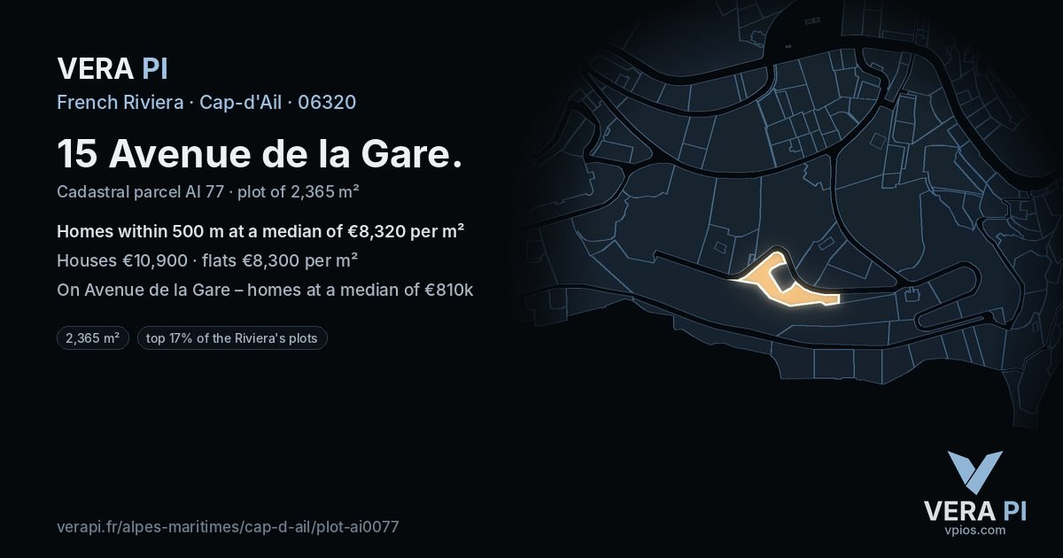 15 Avenue de la Gare, Cap-d'Ail at night – the plot lit, the parcels around coloured by the prices near them