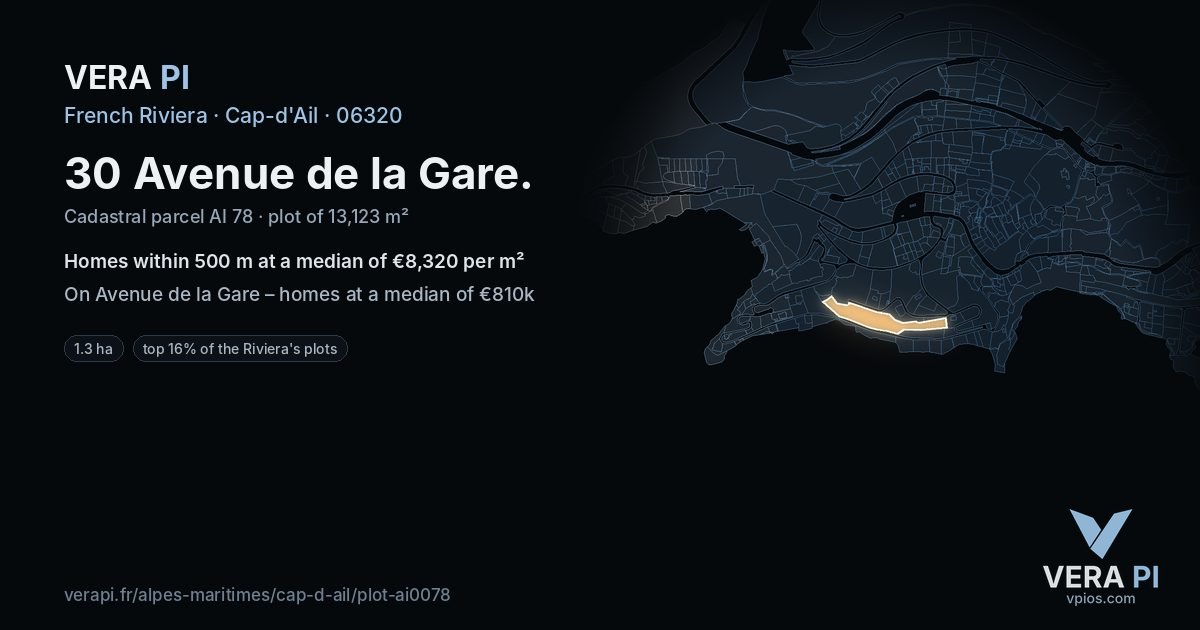 30 Avenue de la Gare, Cap-d'Ail at night – the plot lit, the parcels around coloured by the prices near them
