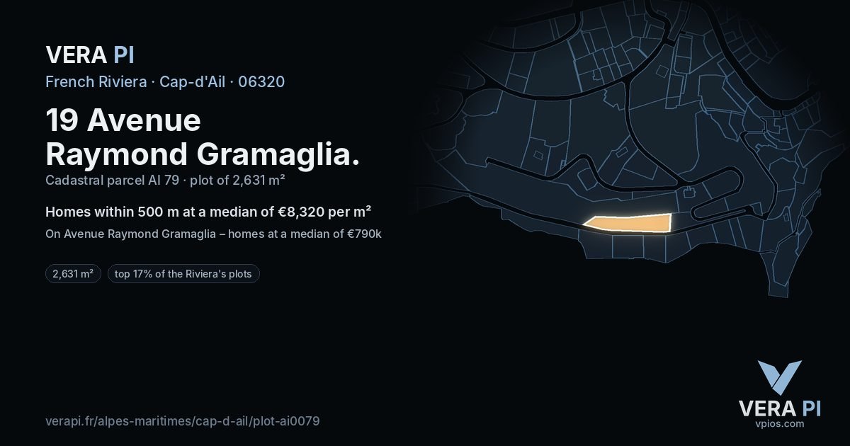 19 Avenue Raymond Gramaglia, Cap-d'Ail at night – the plot lit, the parcels around coloured by the prices near them