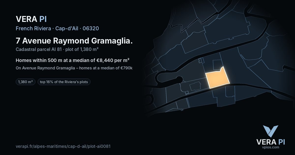 7 Avenue Raymond Gramaglia, Cap-d'Ail at night – the plot lit, the parcels around coloured by the prices near them