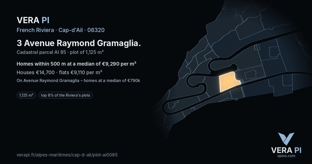 3 Avenue Raymond Gramaglia, Cap-d'Ail at night – the plot lit, the parcels around coloured by the prices near them