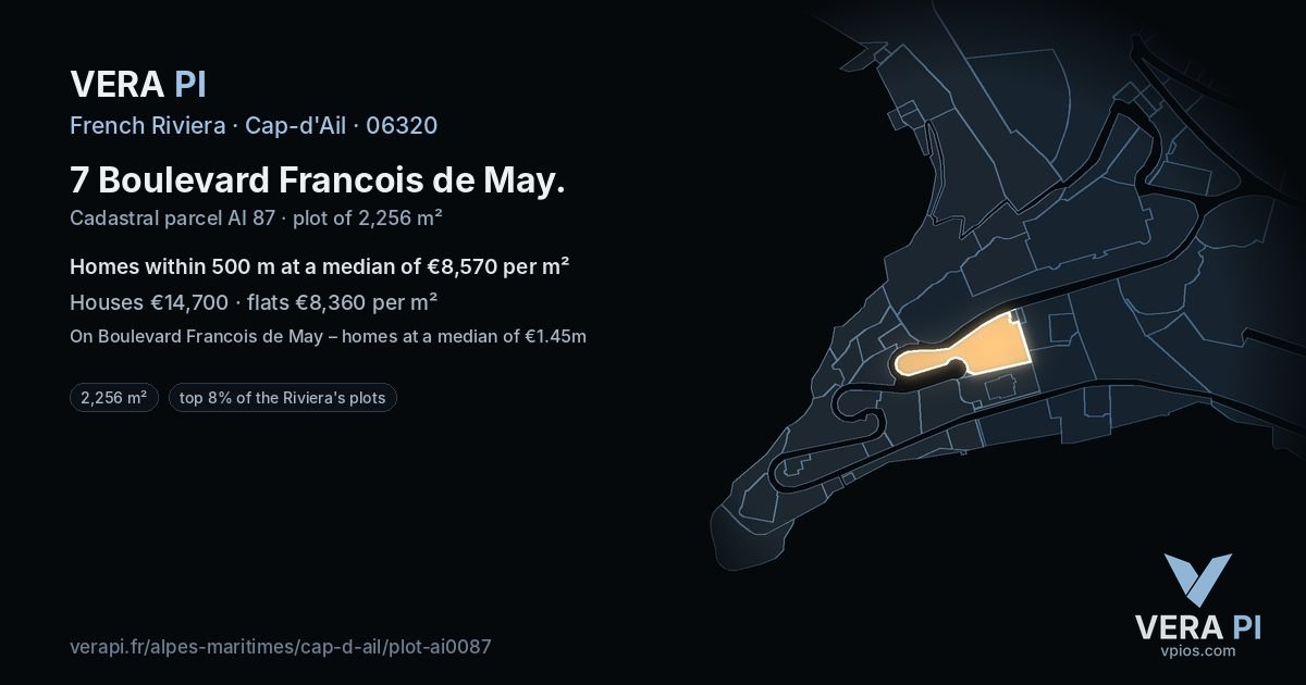 7 Boulevard Francois de May, Cap-d'Ail at night – the plot lit, the parcels around coloured by the prices near them